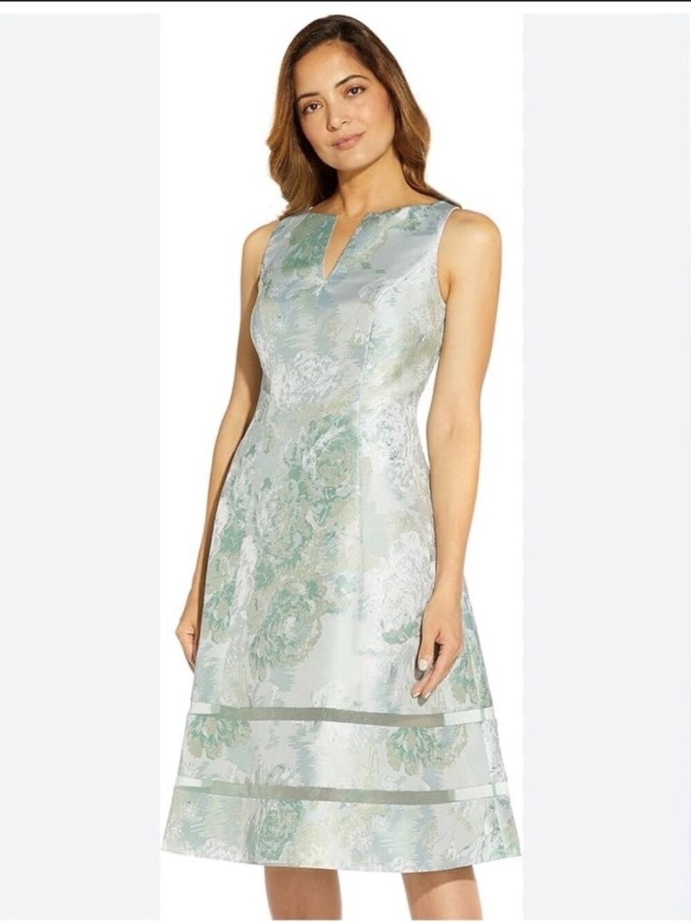 Adrianna Papell Mint Green Floral Jacquard Organza Trim Dress Special Occasion